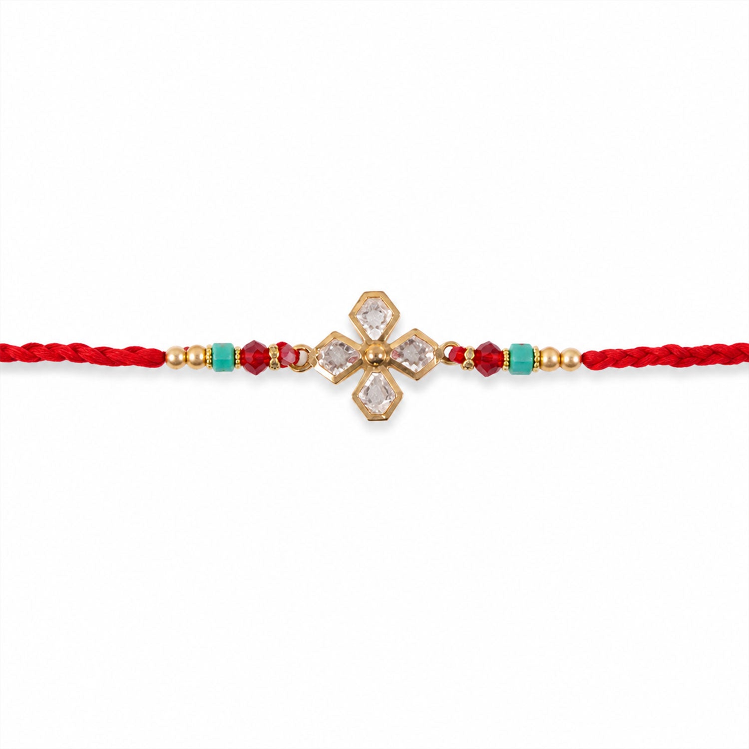 ALVENZA Diamond Crystal Flower Rakhi with Gold Bezels, Turquoise, Red & Golden Beads