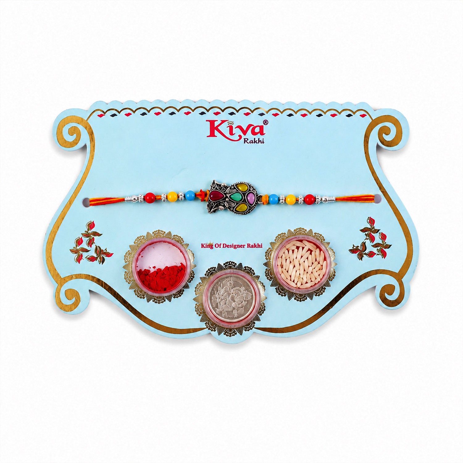 ALVENZA Multicolor Teardrop Leaf Rakhi with Orange Thread, Roli Chawal Coin and Gift Box Packing