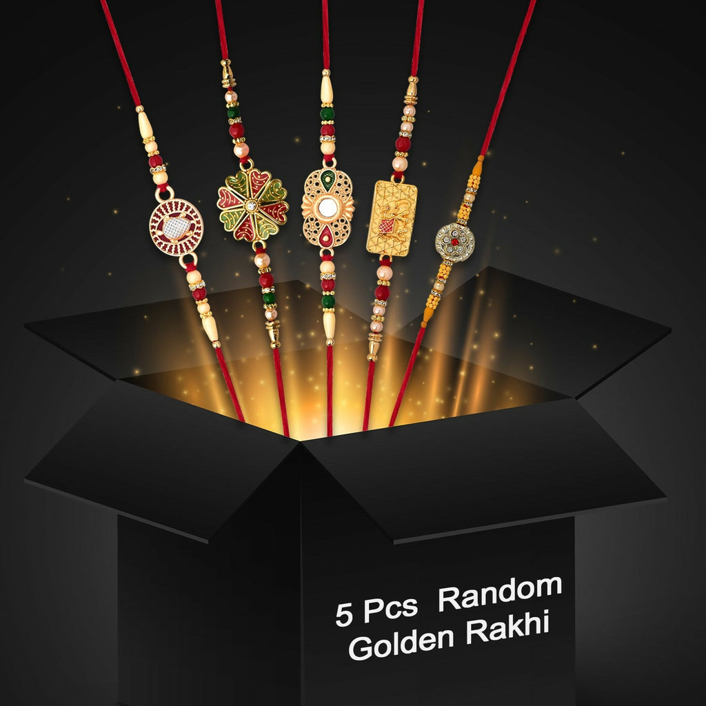 ALVENZA Golden Rakhi Combo for Brother - 5 Assorted Designs with Surprise