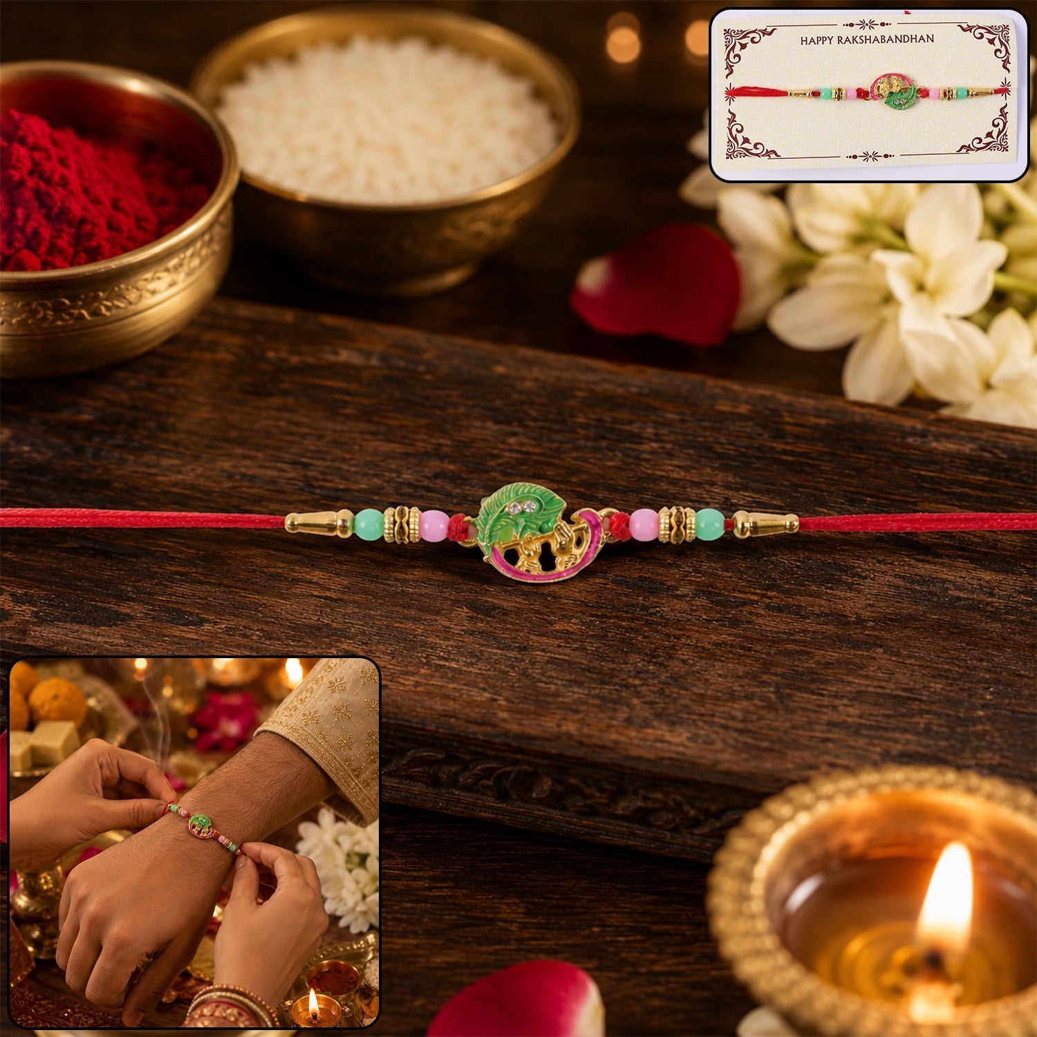 ALVENZA Mini Krishna Peacock Leaf Rakhi – Elegant Traditional Design for Raksha Bandhan