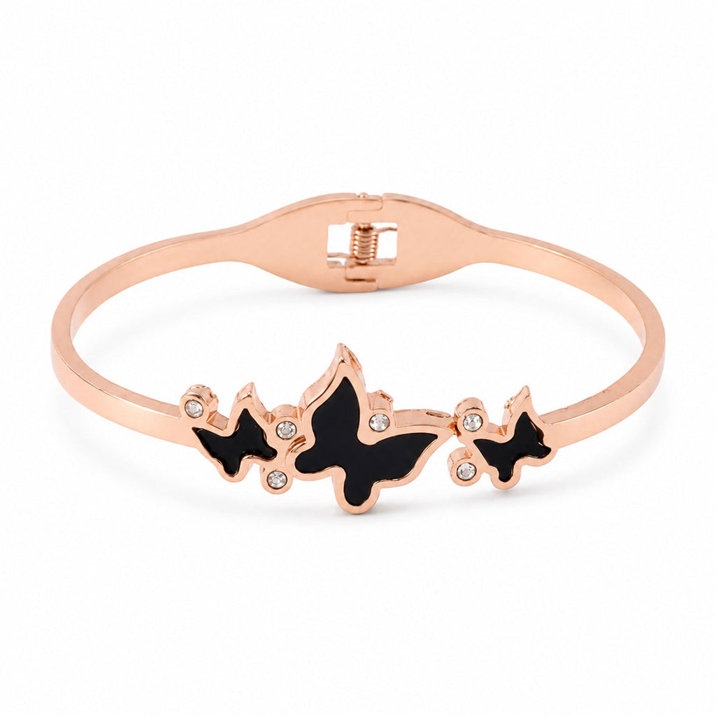Rose Gold Round Dial Watch with Black Butterfly Shape Bracelet for Women