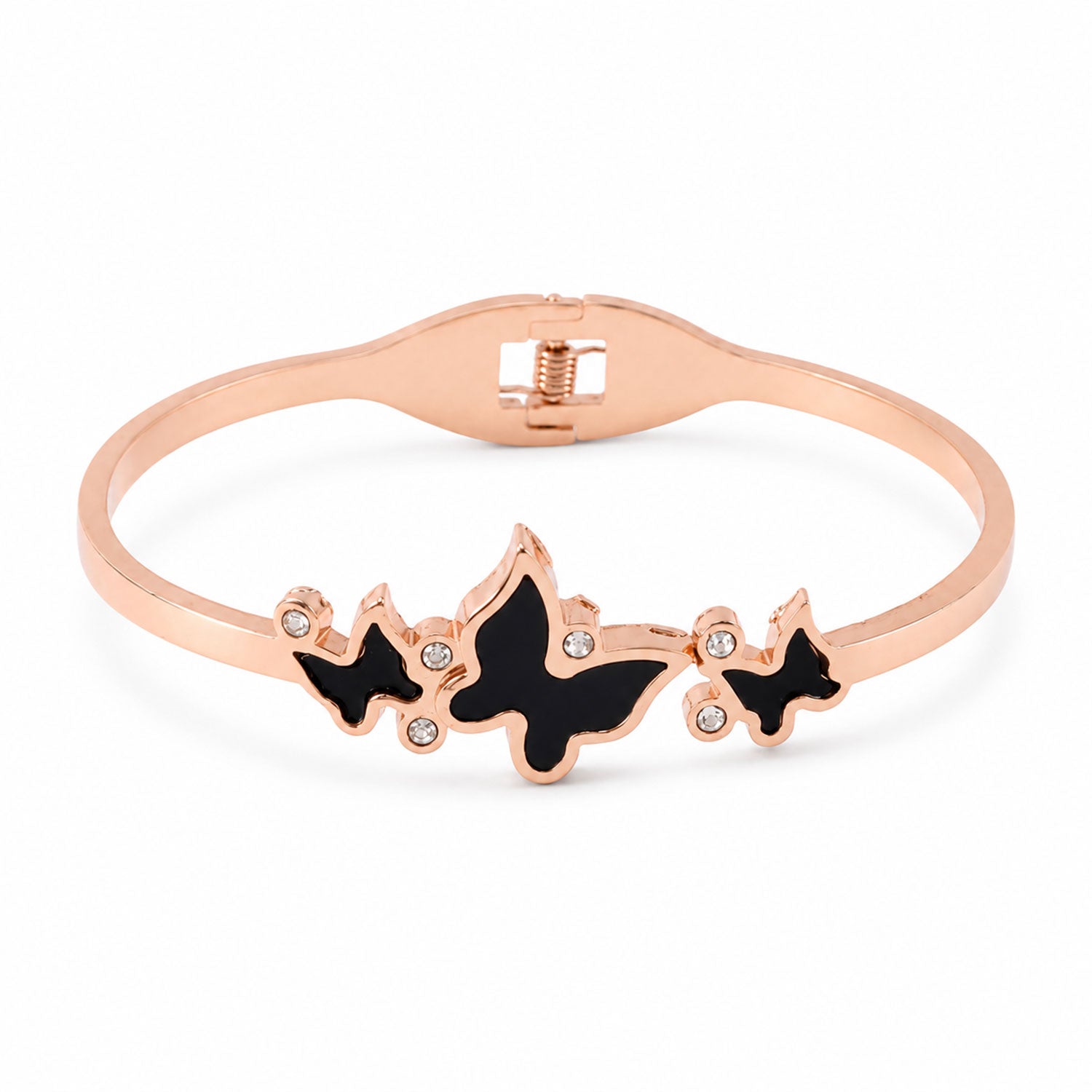 Rose Gold Round Dial Watch with Black Butterfly Shape Bracelet for Women