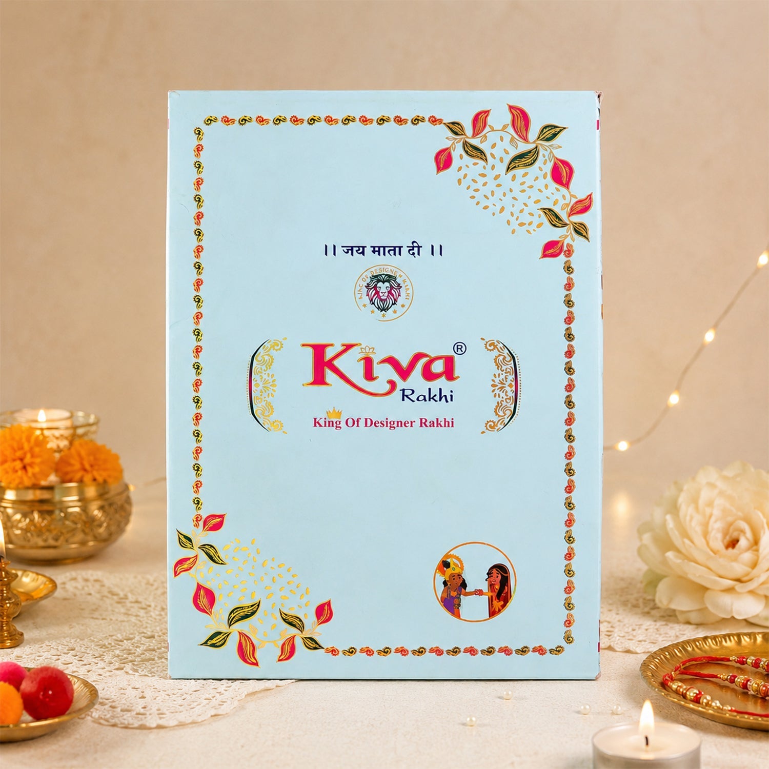 ALVENZA Rectangular Pearl Crystal Rakhi with Red Blue Beads, Roli Chawal Coin and Gift Packing
