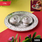 Oval Puja Thali with Kumkum Holders Traditional & Durable Design - Side View