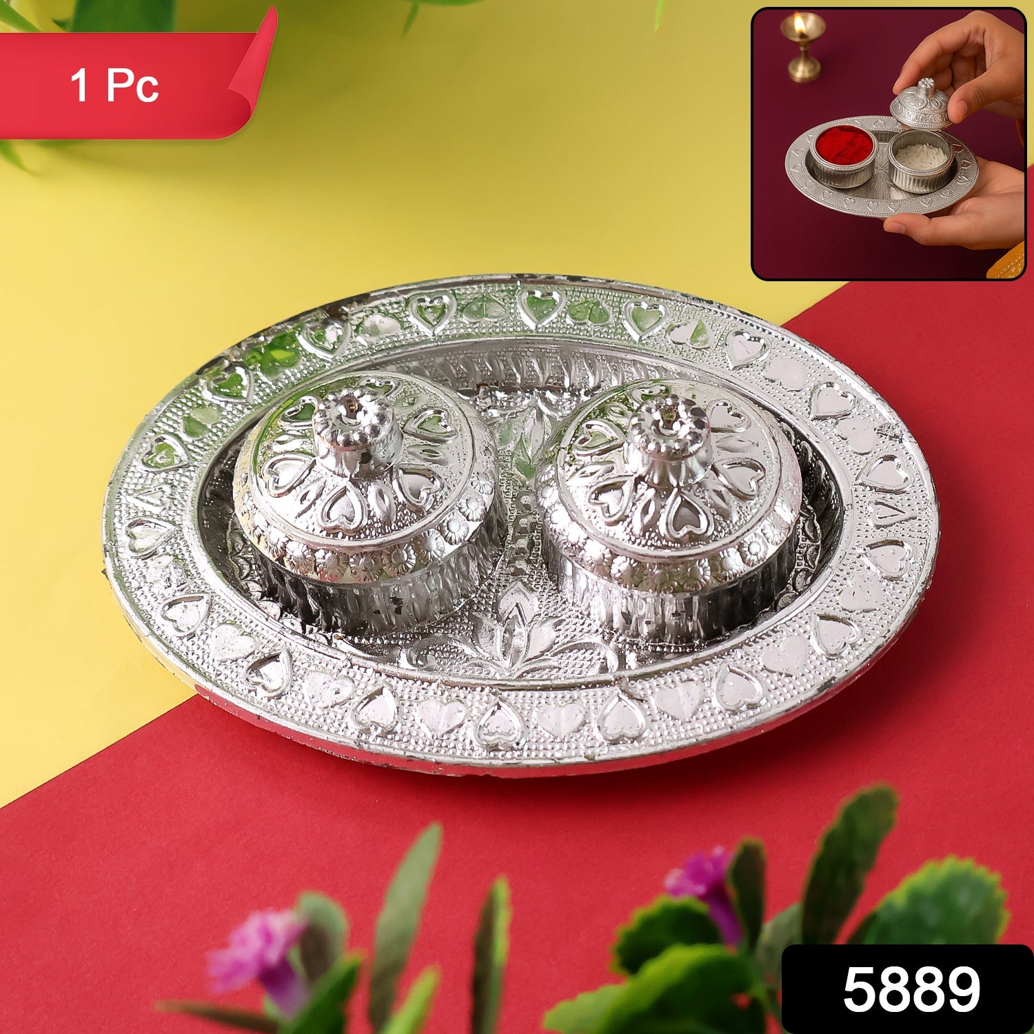 Oval Puja Thali with Kumkum Holders Traditional & Durable Design - Side View