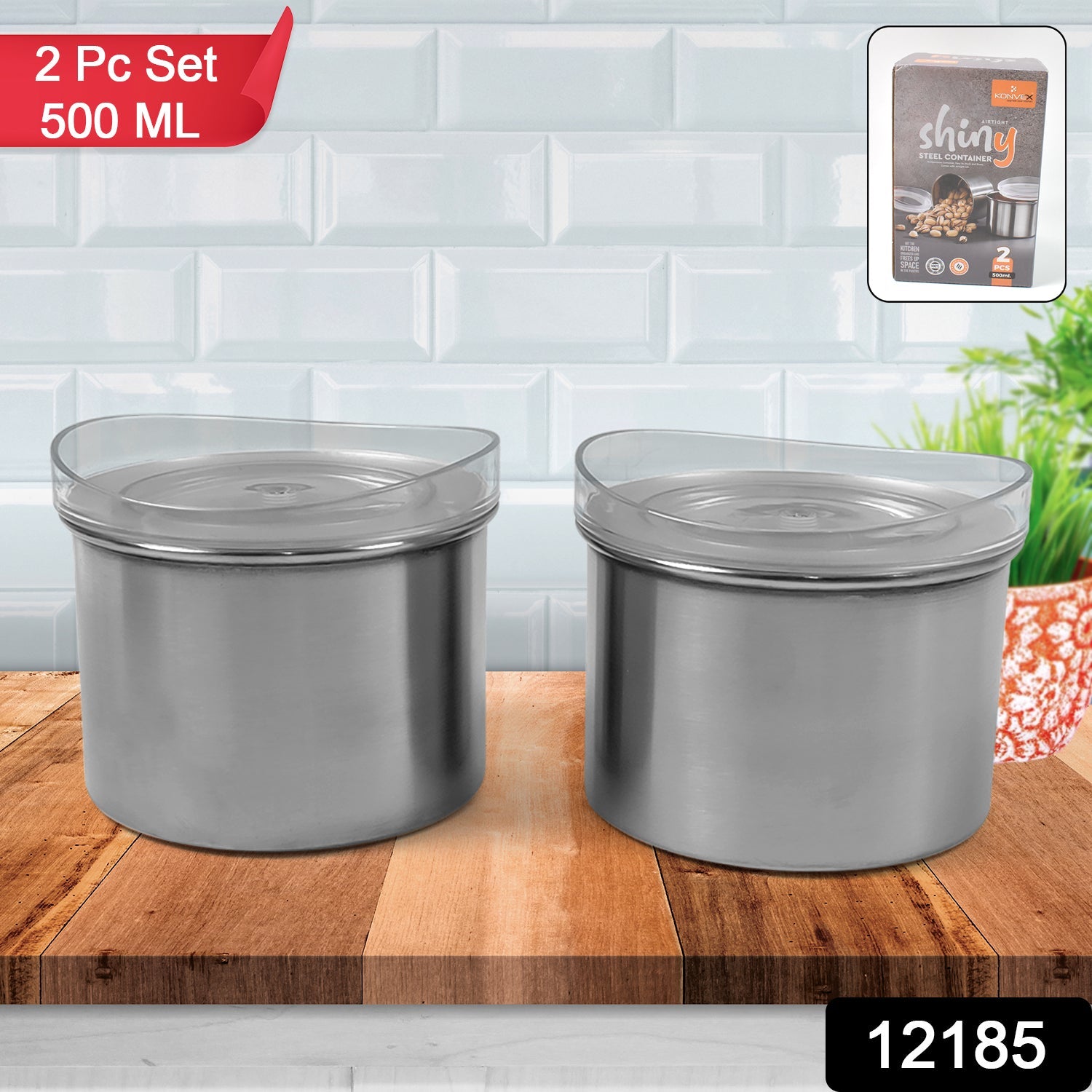 Airtight Stainless Steel Containers See-Through Lid, 500ML (Set of 2) | Konvex - Side View
