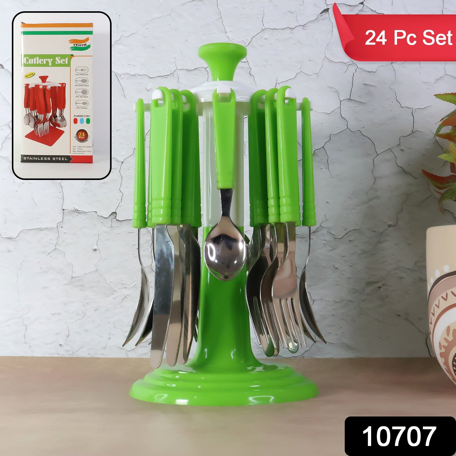 ALVENZA Stainless Steel Cutlery Set – 24 Pieces with Rotating Stand