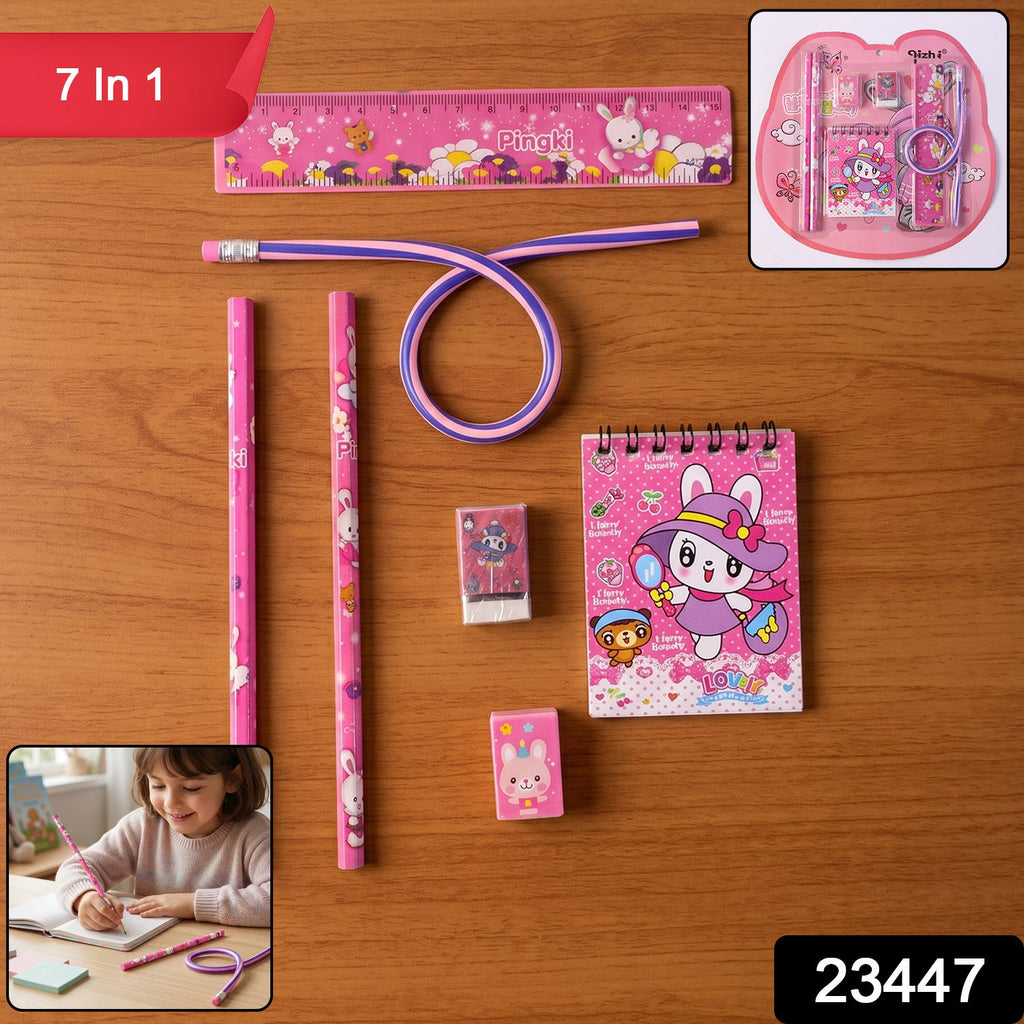 Kids Stationery Set 7-in-1 Cute Pink Gift Pack for Girls - Side View