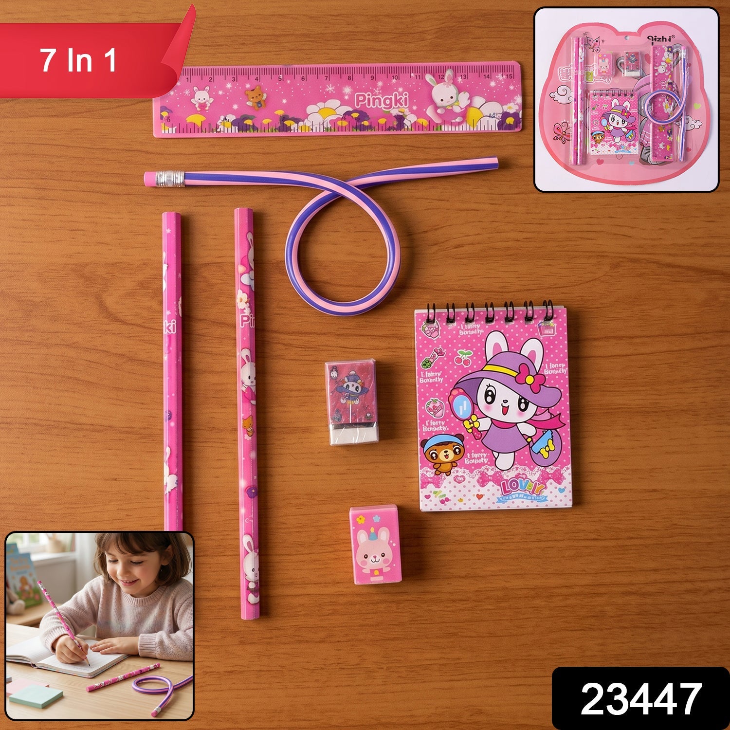 Kids Stationery Set 7-in-1 Cute Pink Gift Pack for Girls - Side View