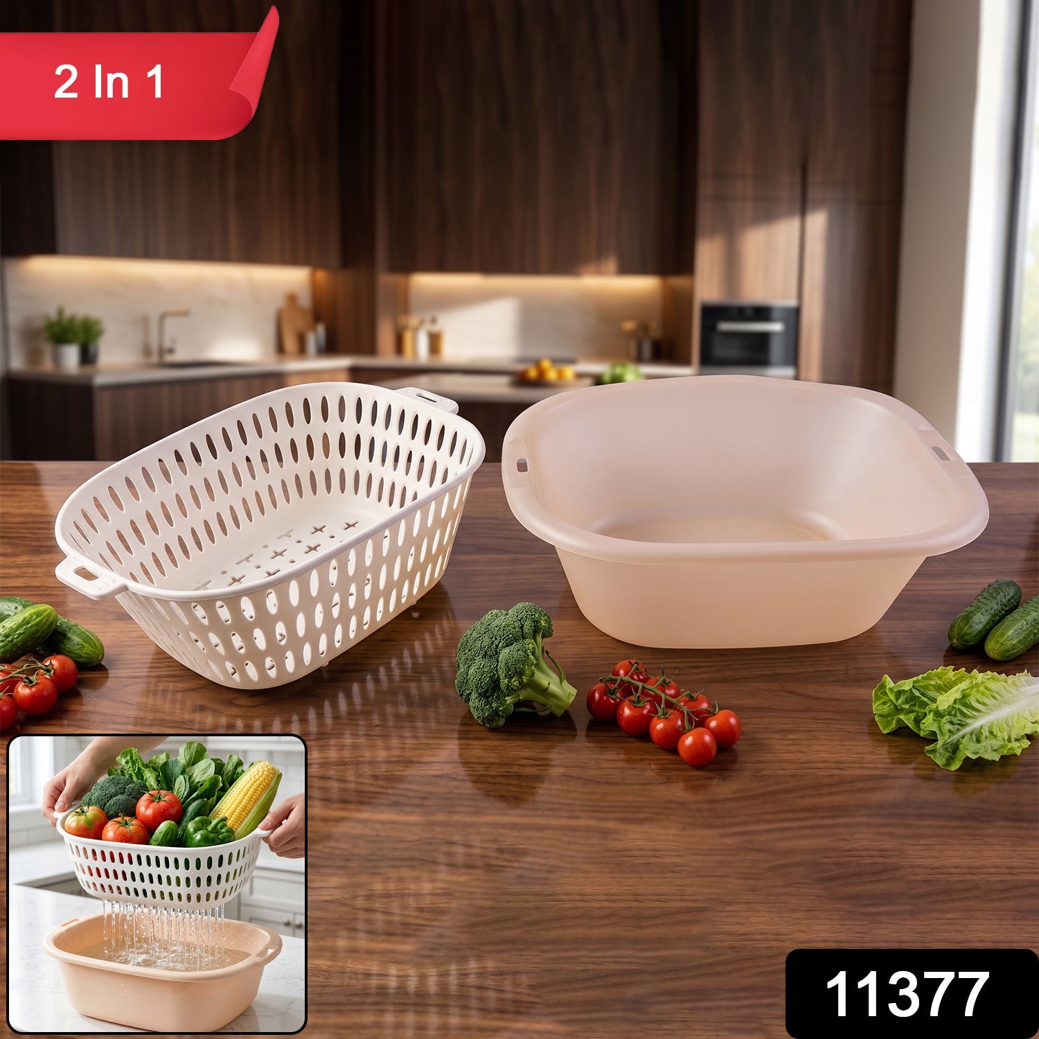 2 in 1 Plastic Double Drain Basket Multi-Purpose Kitchen Tool - Side View