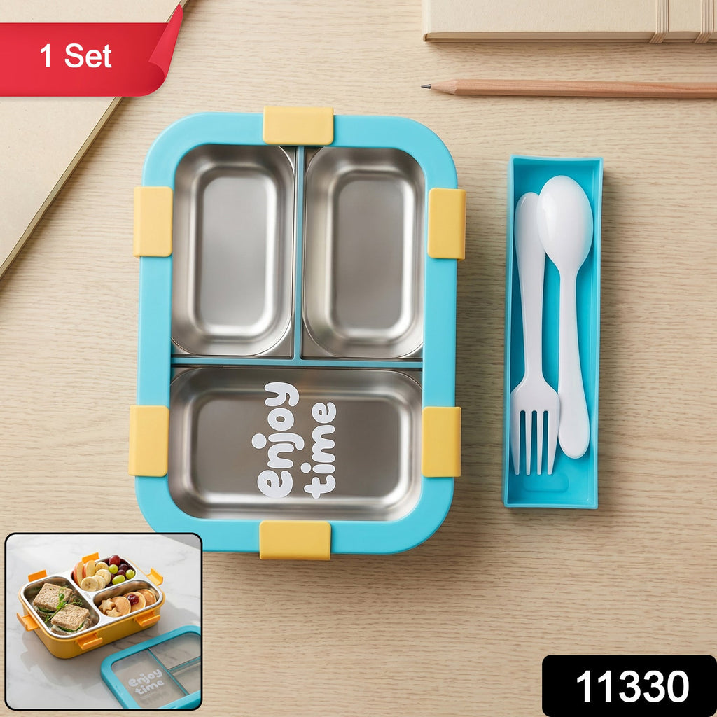 Airtight 3 Compartment Stainless Steel Lunch Box Food Organiser - Side View