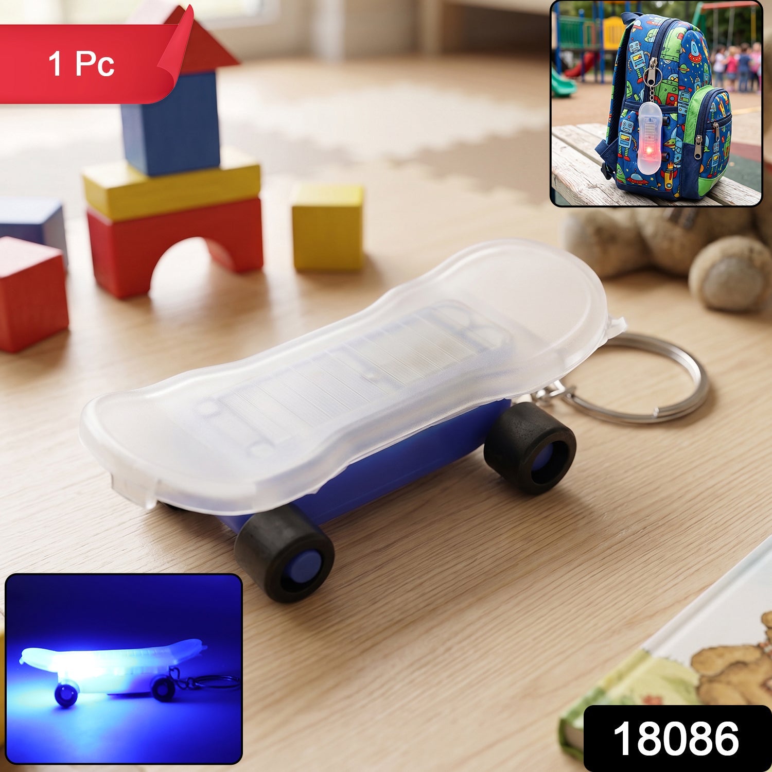 Mini Skateboard LED Keychain Light-Up Fun Accessory for Keys and Bags - Side View