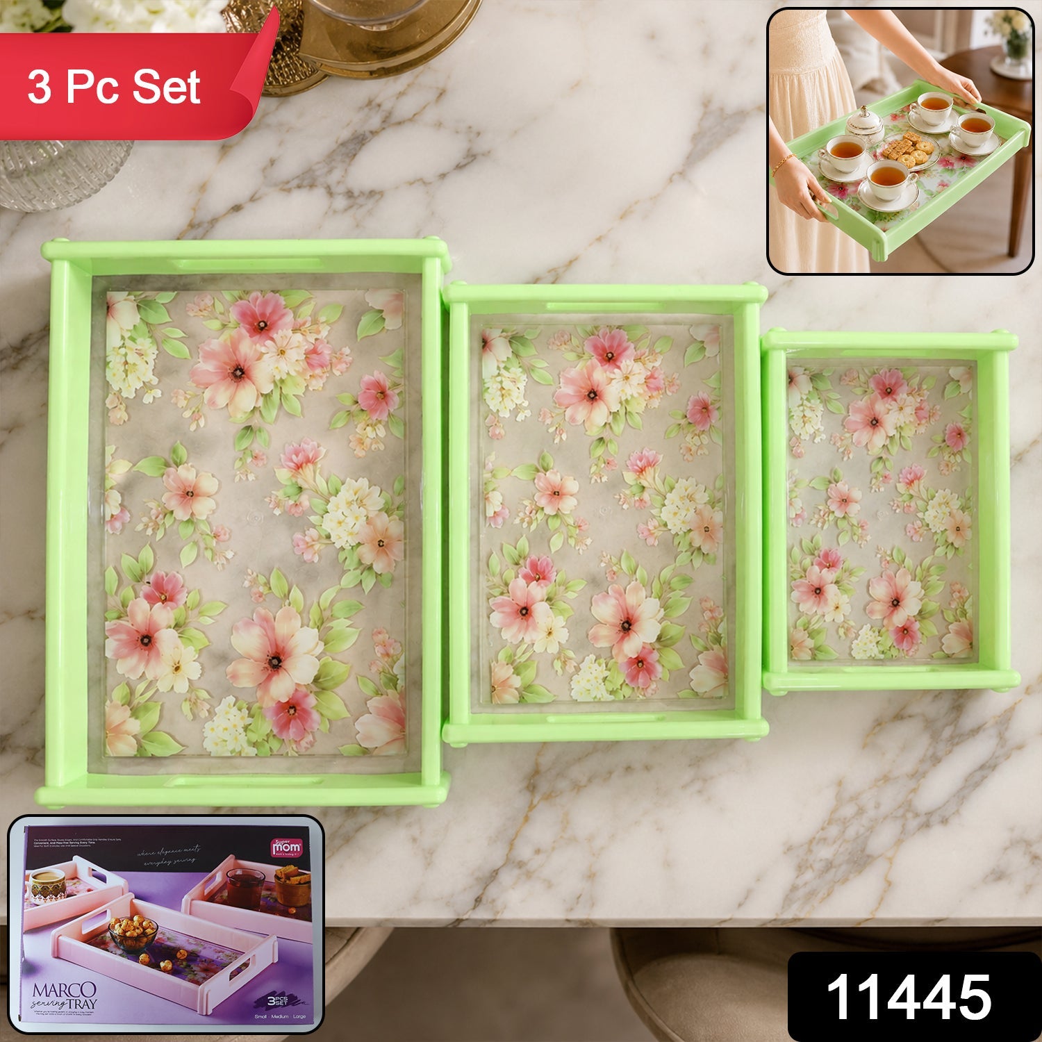 Serving Tray Set Elegant Floral Design with Side Handles - Side View
