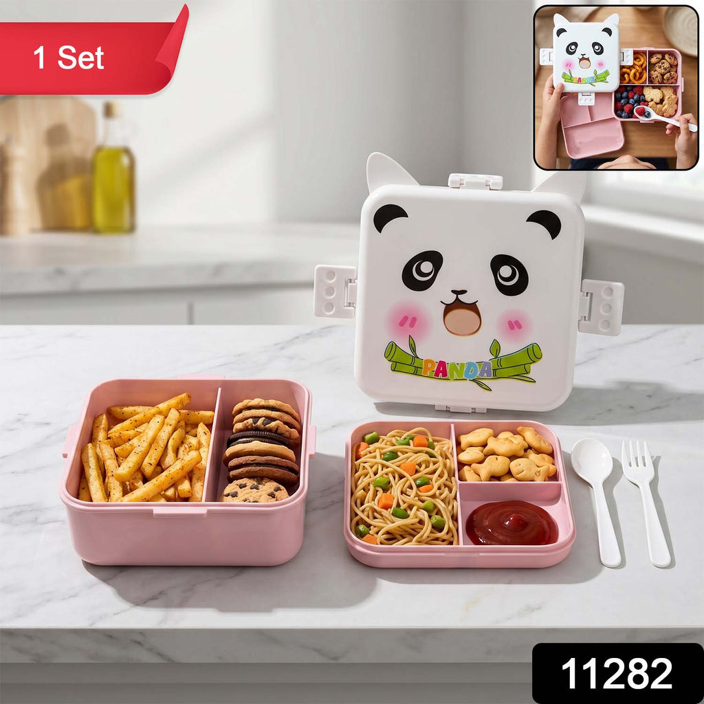 Kids Lunch Box with Compartments Panda Design & Utensils for School & Travel - Side View
