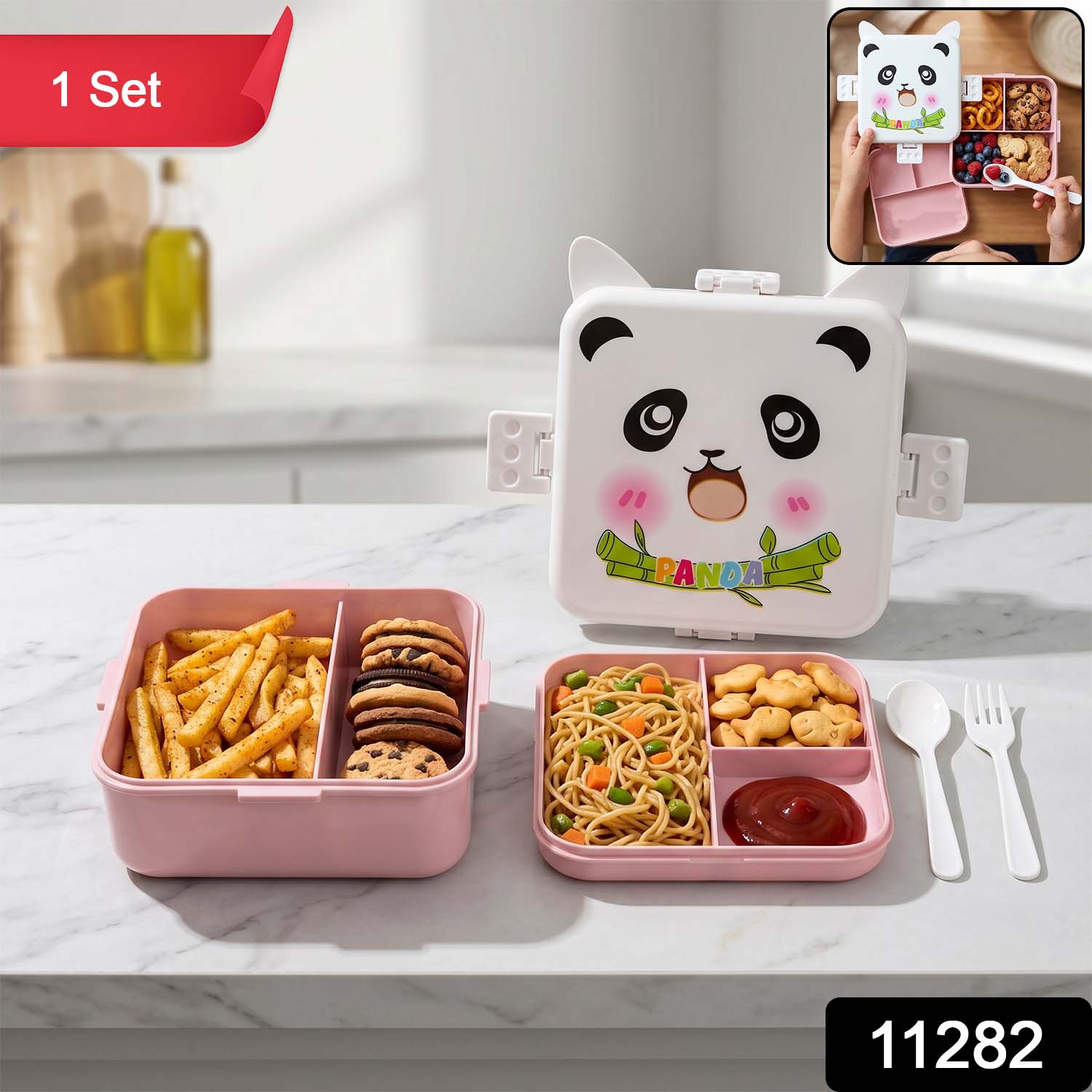 Kids Lunch Box with Compartments Panda Design & Utensils for School & Travel - Side View