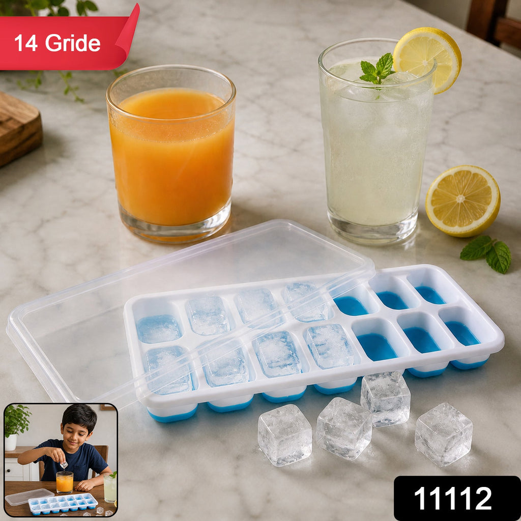 Multipurpose Plastic Ice Cube Tray 14-Grid with Lid for Easy Freezing - Side View