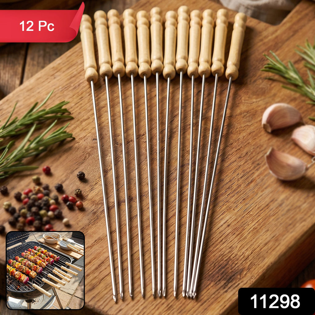 Stainless Steel BBQ Skewers Reusable Grilling Sticks with Wooden Handle - Side View