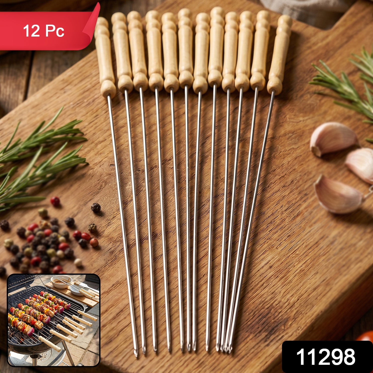Stainless Steel BBQ Skewers Reusable Grilling Sticks with Wooden Handle - Side View