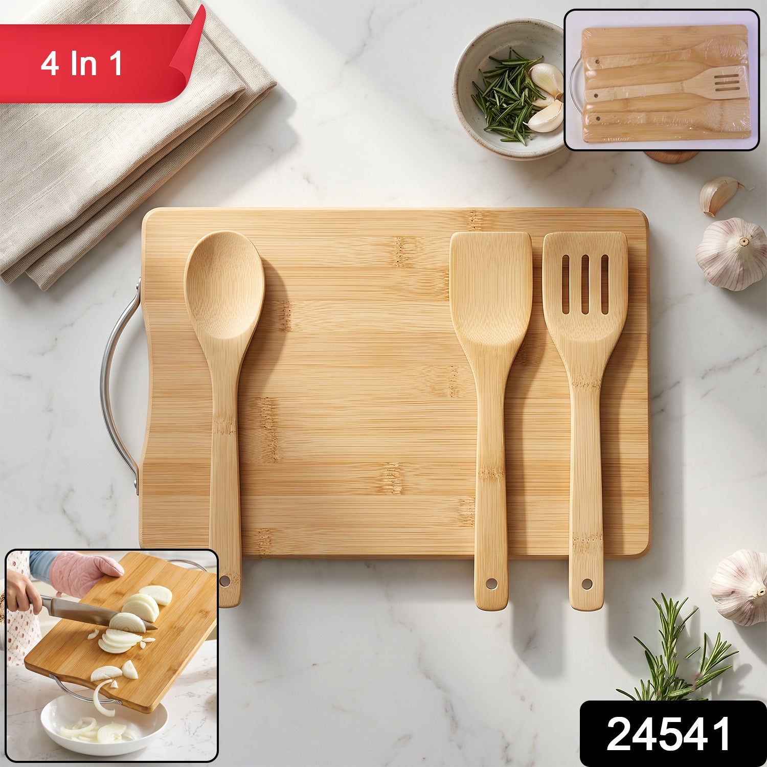 ALVENZA Wooden Cutting Board Combo Set with Bamboo Spoon Spatula and Turner (4 Pc Set)