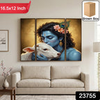 Krishna N Cow Wall Art Vibrant 3 Panel MDF Design for Home - Side View