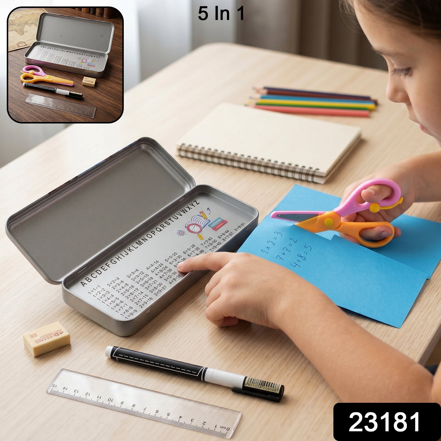 Kids Metal Pencil Box Set Complete Stationery Organisation - Side View