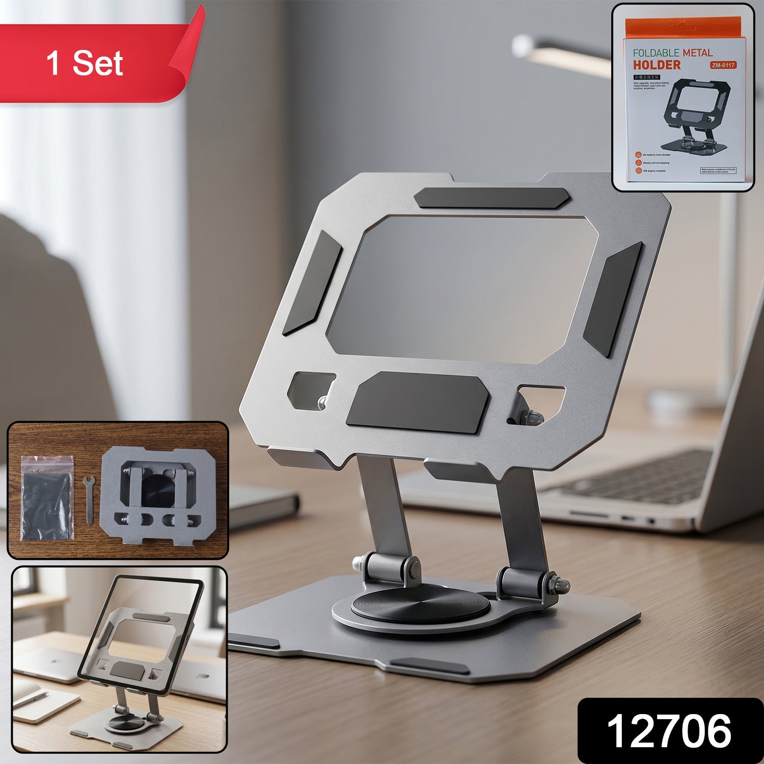ALVENZA Foldable Metal Phone & Tablet Stand – Adjustable & Portable Desktop Support
