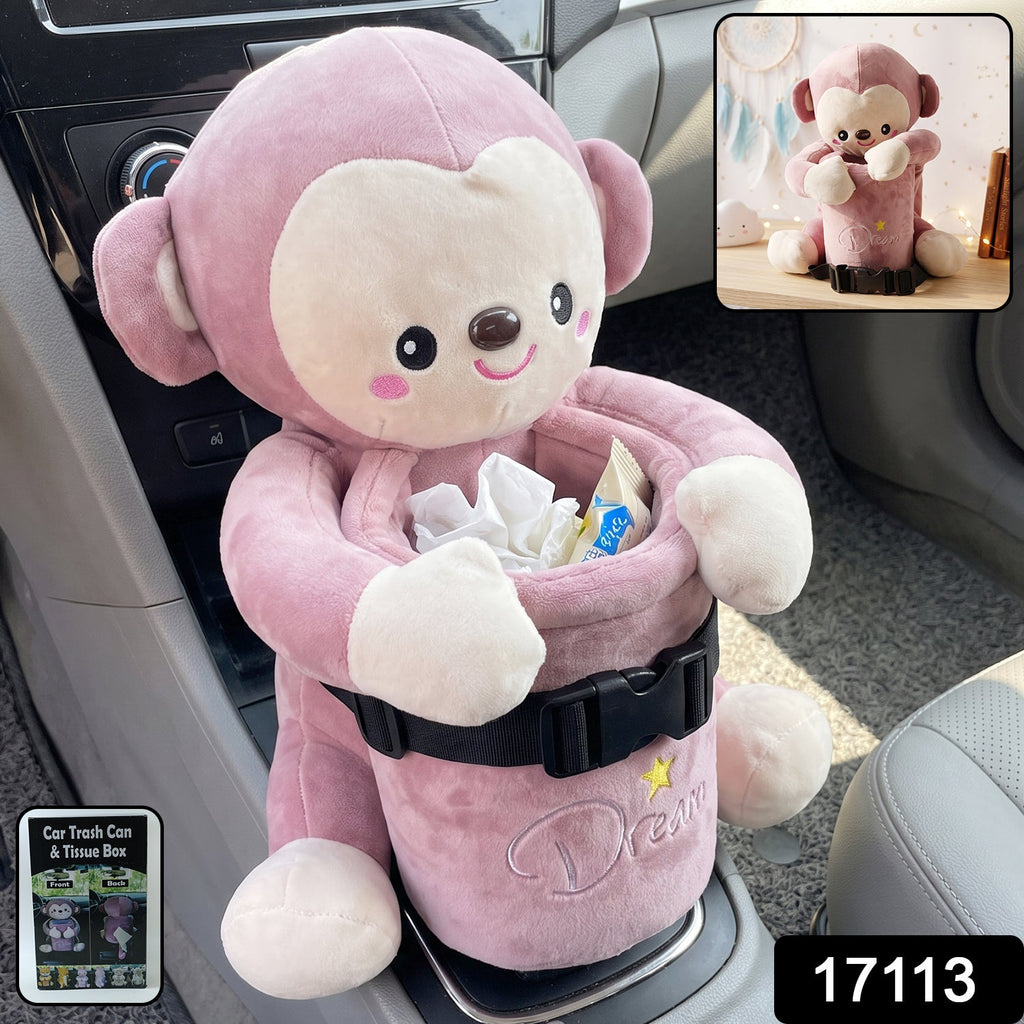 ALVENZA Car Trash Can and Tissue Box Holder Cute Plush Monkey Dustbin Organizer (1 Pc)