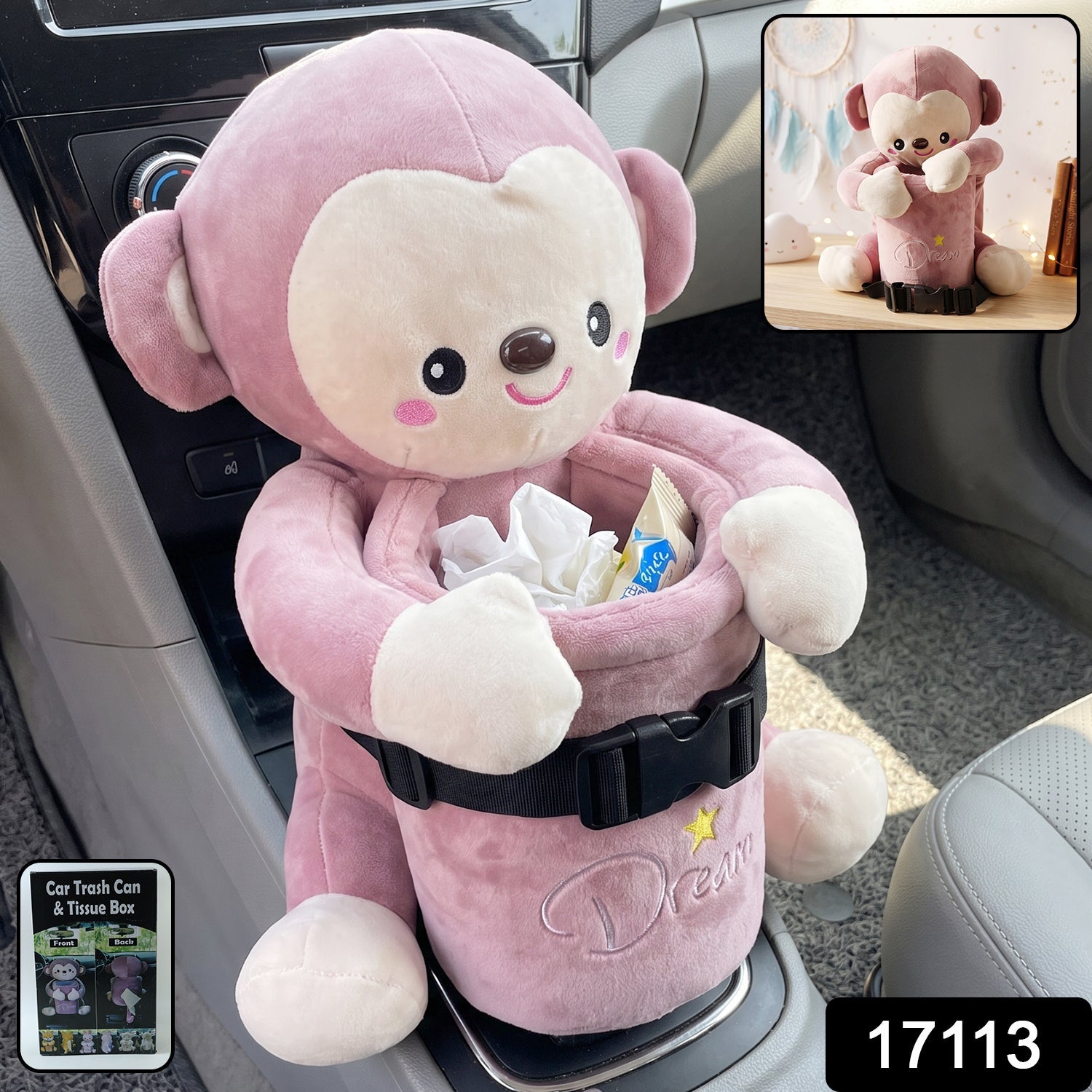 ALVENZA Car Trash Can and Tissue Box Holder Cute Plush Monkey Dustbin Organizer (1 Pc)
