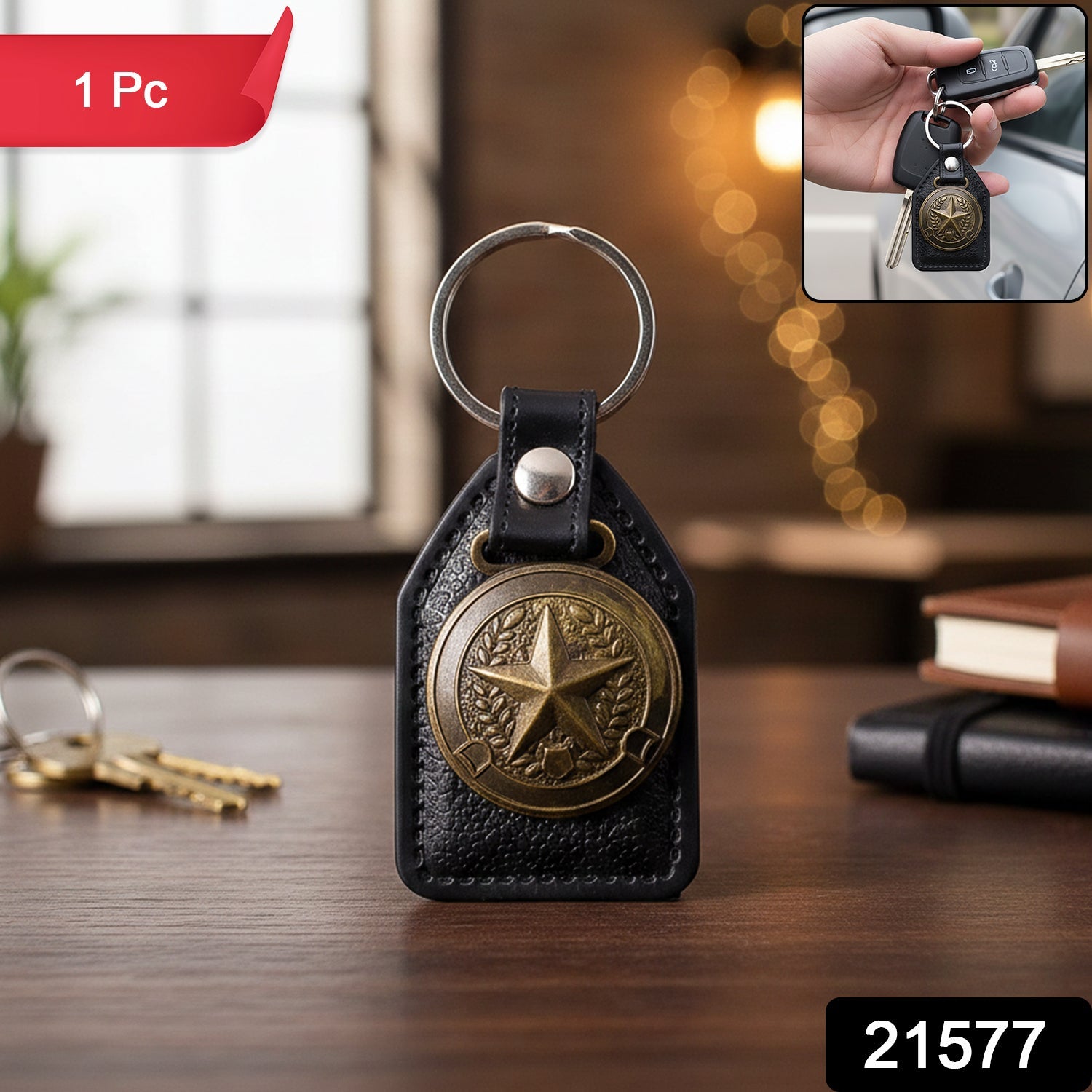 ALVENZA Leather Finish Metal Star Emblem Keychain – Durable & Stylish