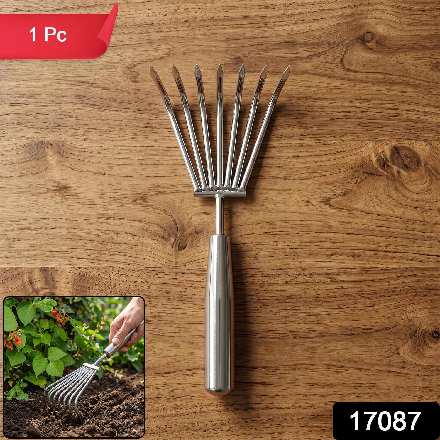 Stainless Steel Garden Rake Durable & Rust-Resistant Tool for Easy Gardening - Side View