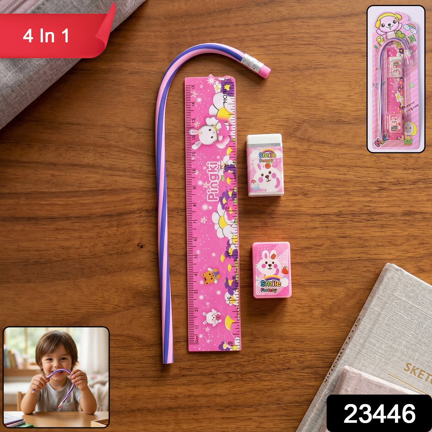 Kids Stationery Set Fun Pink Design for School & Gifting - Side View