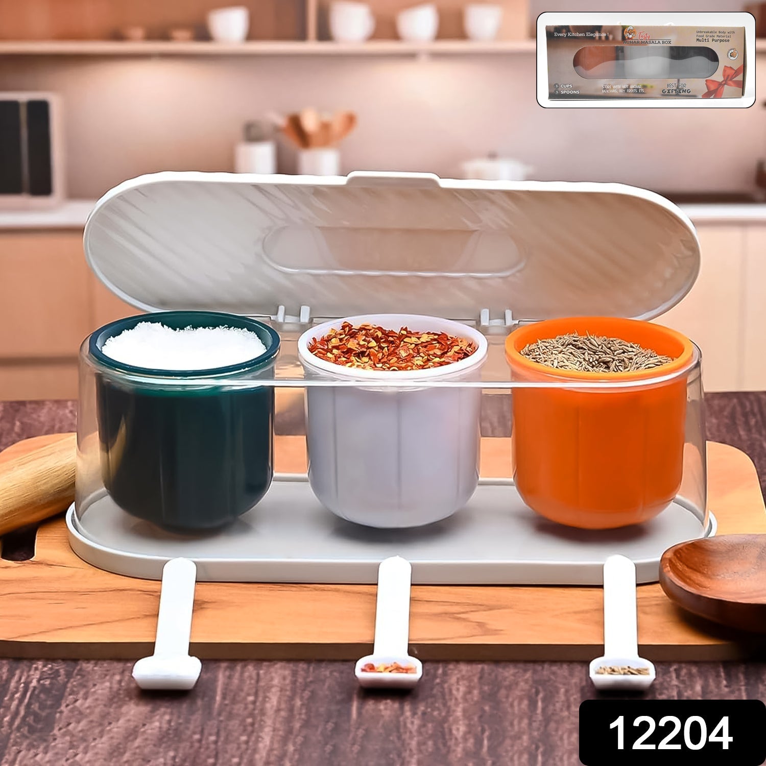 Spice Box 3-Grid Masala Storage with Spoons | Tidy Table - Side View