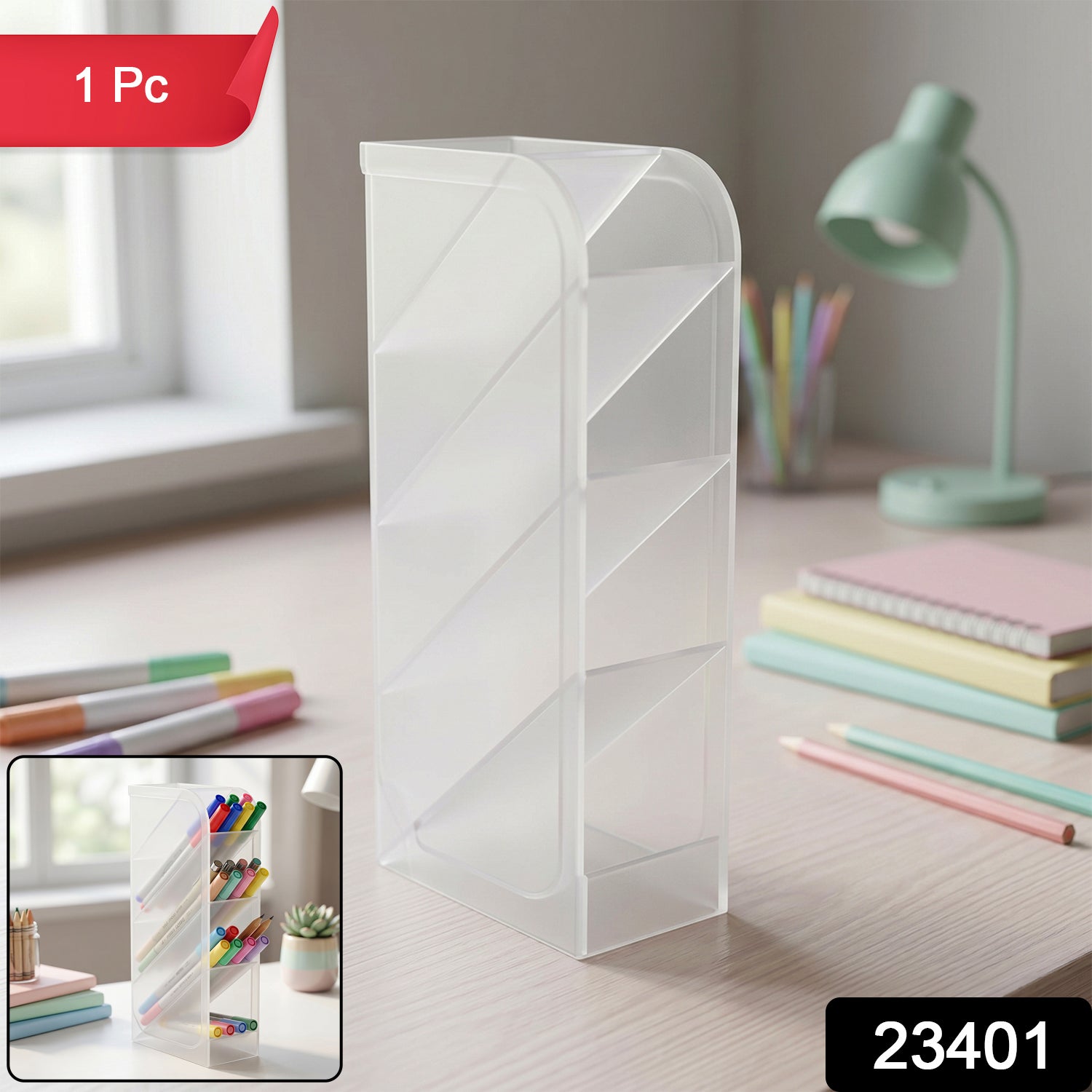 Desk Organizer 4 Compartments in Clear Plastic for Office Supplies - Side View