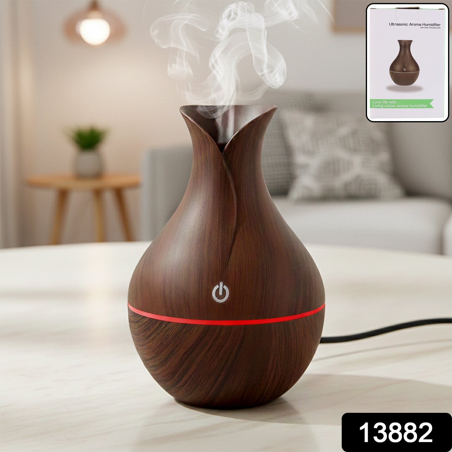 Mini Wooden Humidifier Ultrasonic Mist Diffuser with LED - Side View