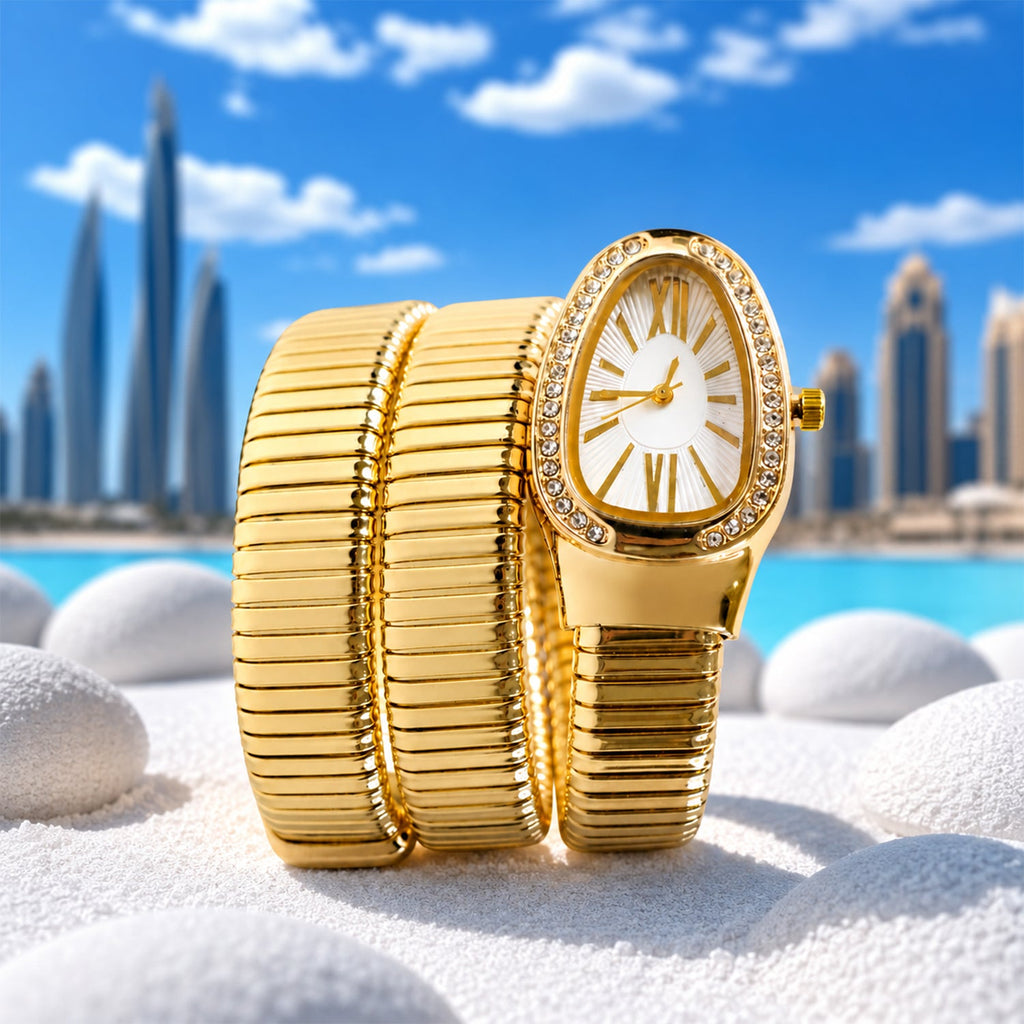 Golden Oval Snake Style Bracelet Watch with Crystal Border Dial for Women