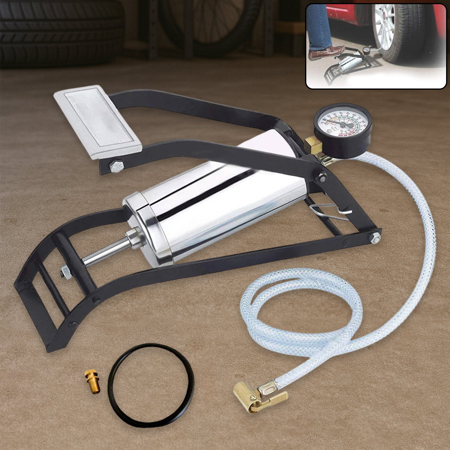 Steel Foot Pump Heavy Duty Car & Bike Tire Inflator - Side View