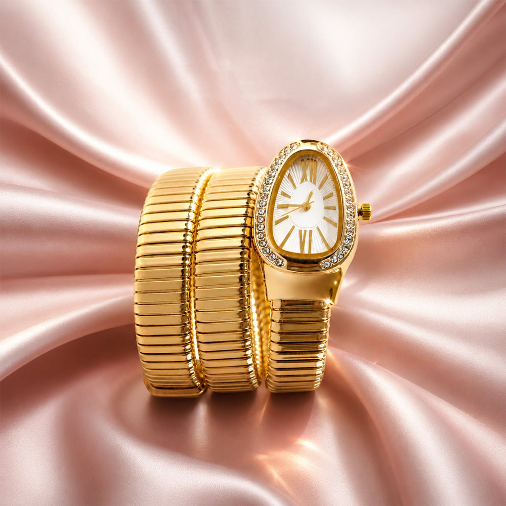 Golden Oval Snake Style Bracelet Watch with Crystal Border Dial for Women