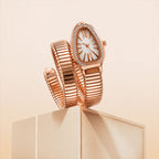 Rose Gold Snake Chain Bracelet Watch with Oval Dial Crystal Border for Women