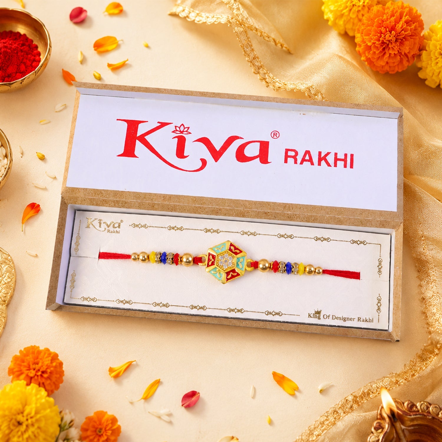 ALVENZA Golden Snowflake Crystal Designer Rakhi for Brother, Lavender Beads Gift