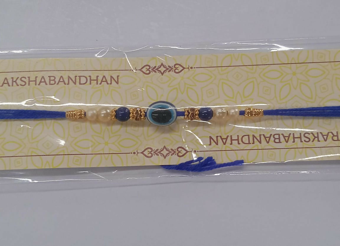 ALVENZA Blue Rakhi – Elegant Stone & Pearl Design for Brother