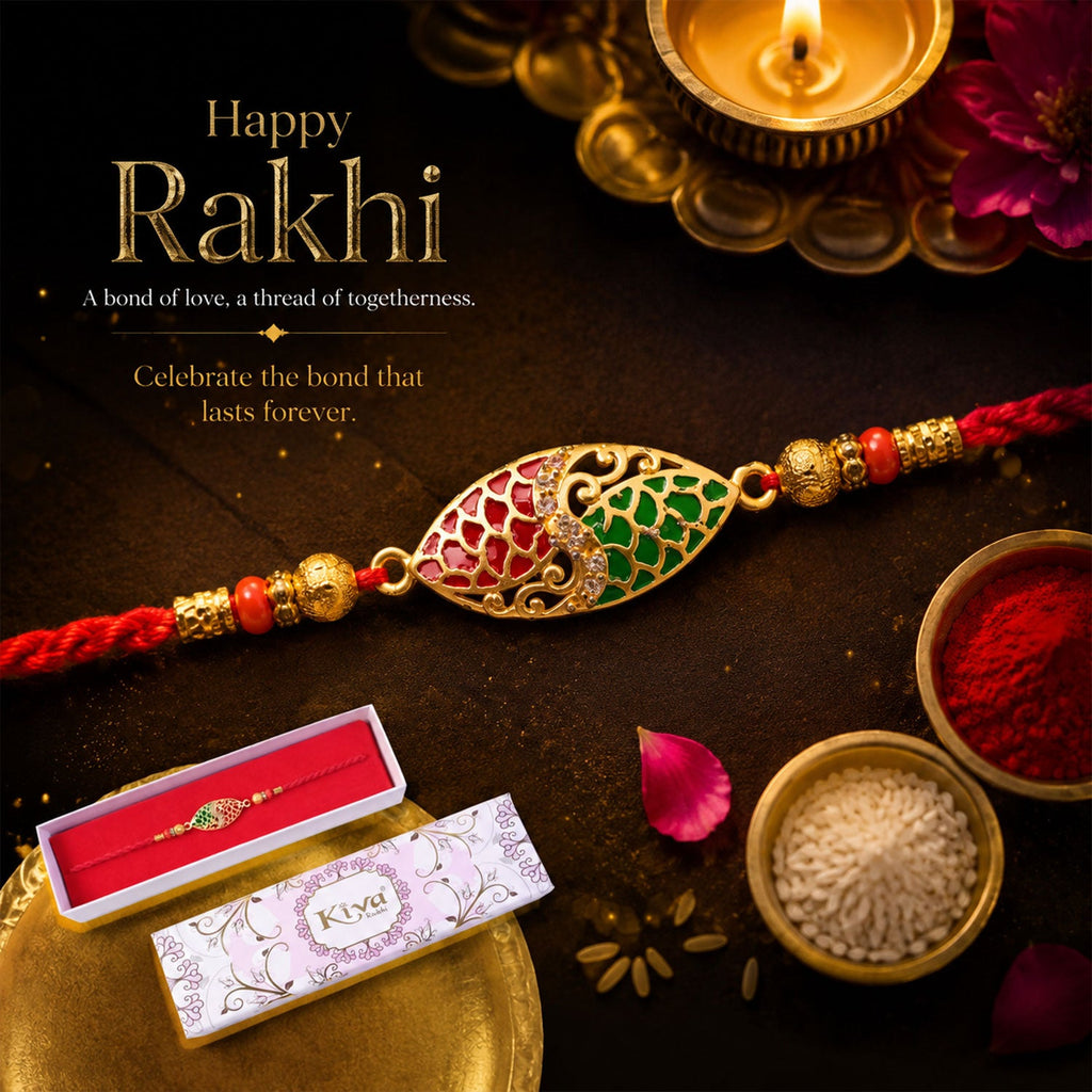 ALVENZA Red & Green Marquise Meenakari Designer Rakhi for Brother Gift Set Combo