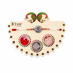 ALVENZA Om Symbol Silver Centre Rakhi with White Beads, Roli Chawal Coin and Peacock Gift Packing
