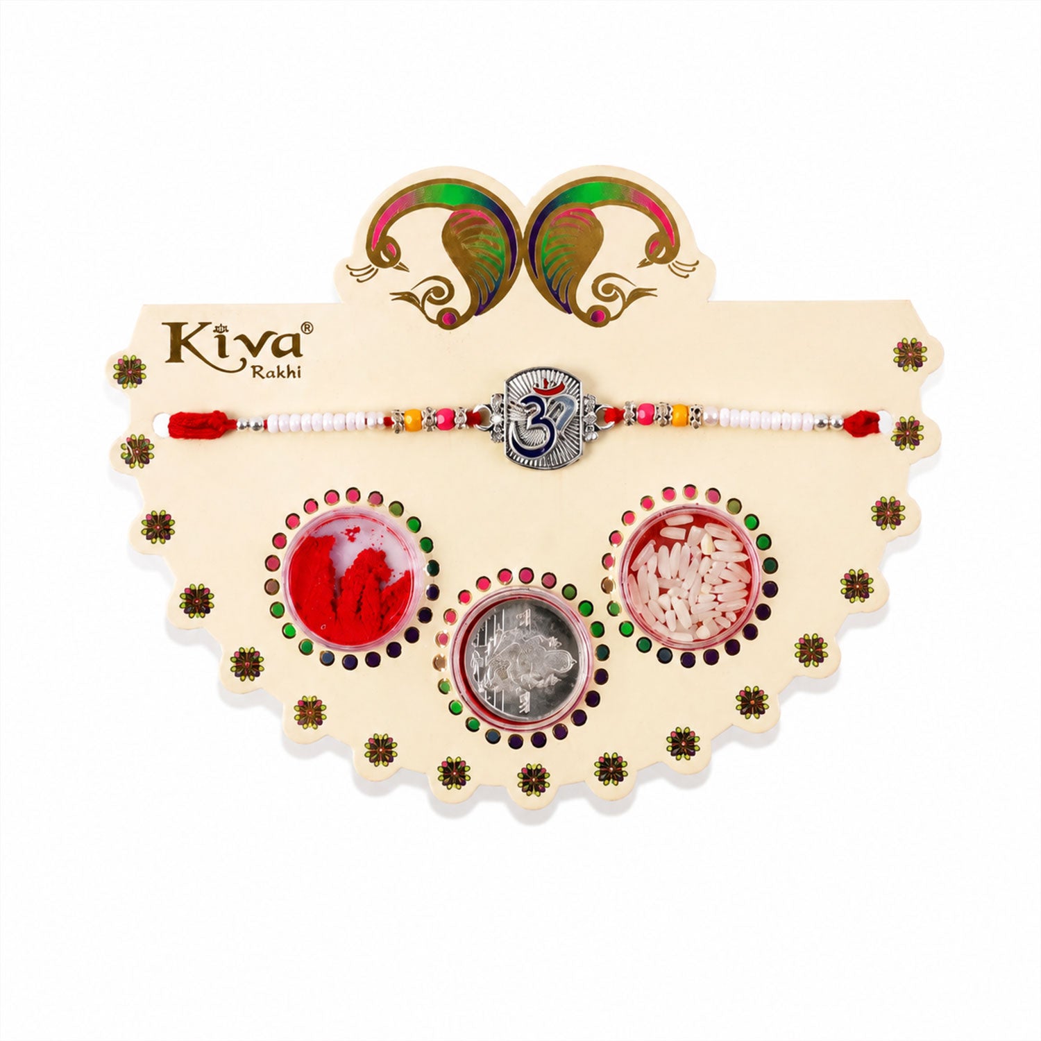 ALVENZA Om Symbol Silver Centre Rakhi with White Beads, Roli Chawal Coin and Peacock Gift Packing