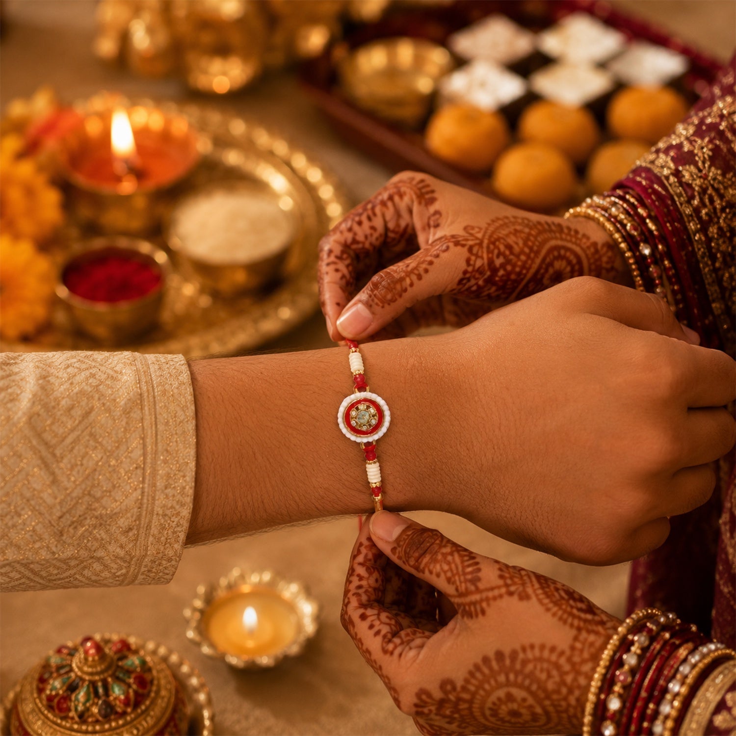 ALVENZA Kundan Pearl Rakhi – Elegant Traditional Brother’s Gift