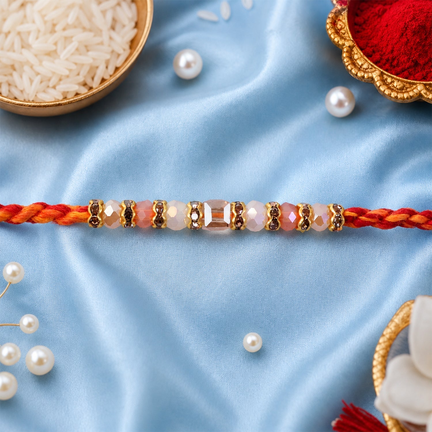 ALVENZA Silver Tone Designer Rakhi with Pastel Beads and Elegant Bracelet Style Finish