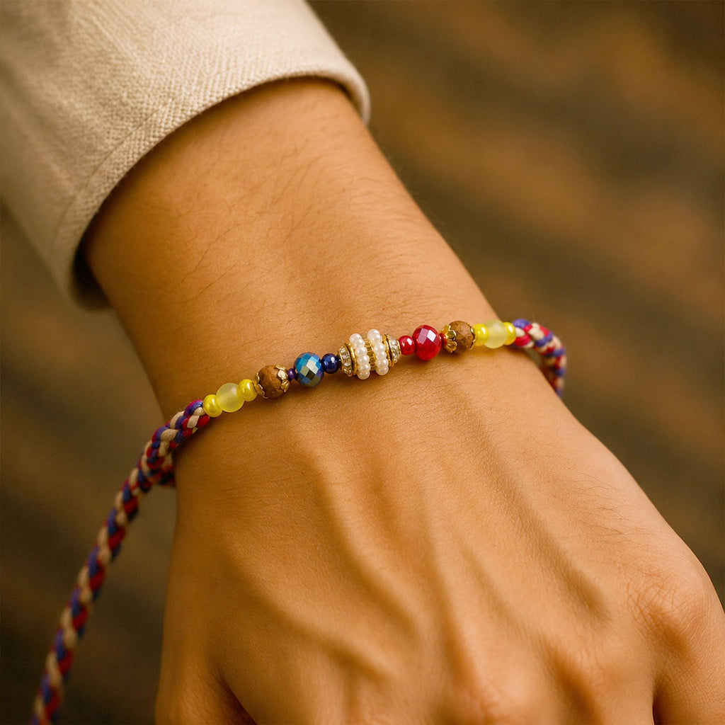 ALVENZA Rainbow Beaded Charm Rakhi with Colorful Festive Style and Playful Bracelet Look