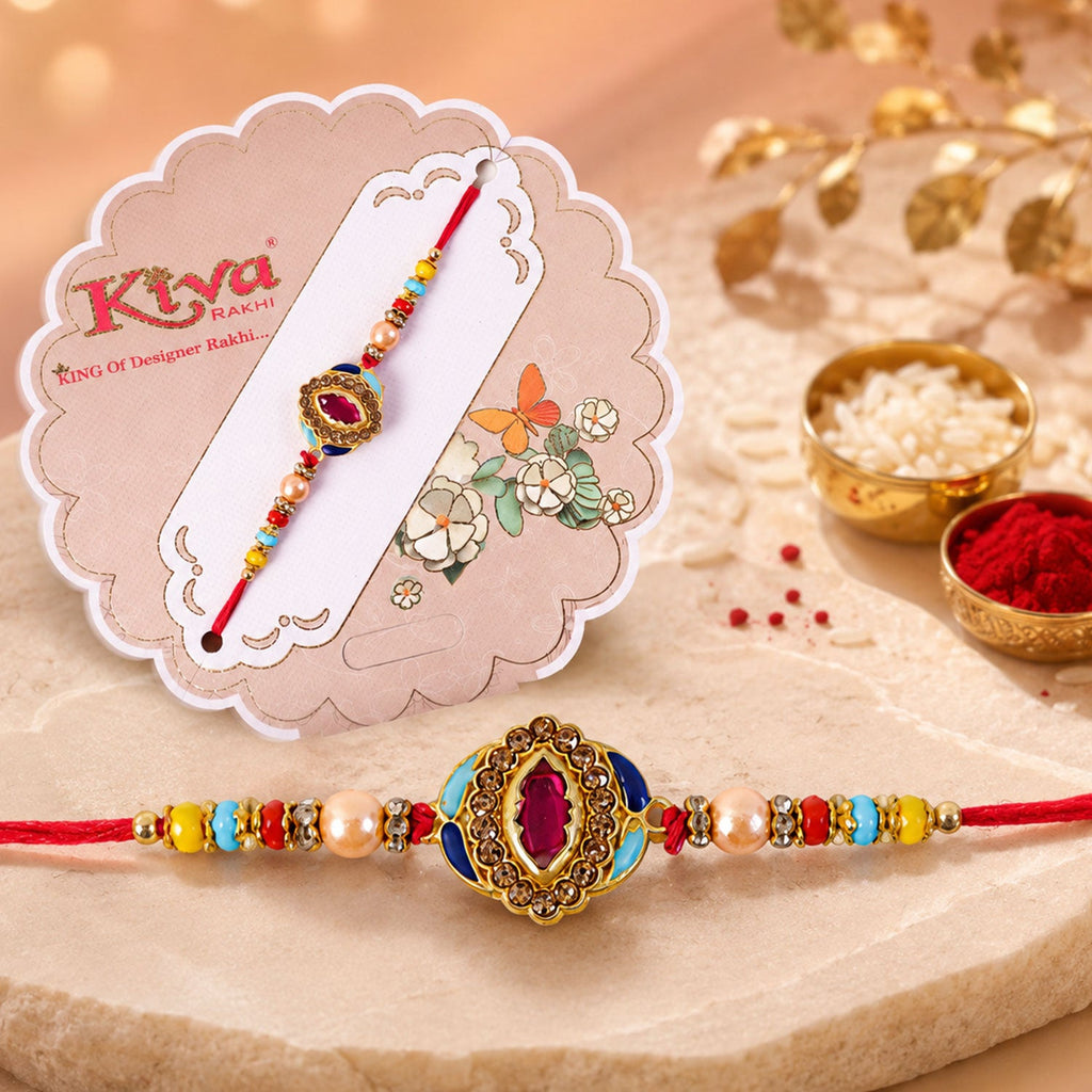 ALVENZA Pink Stone & Blue Meenakari Oval Designer Rakhi for Brother Gift Set