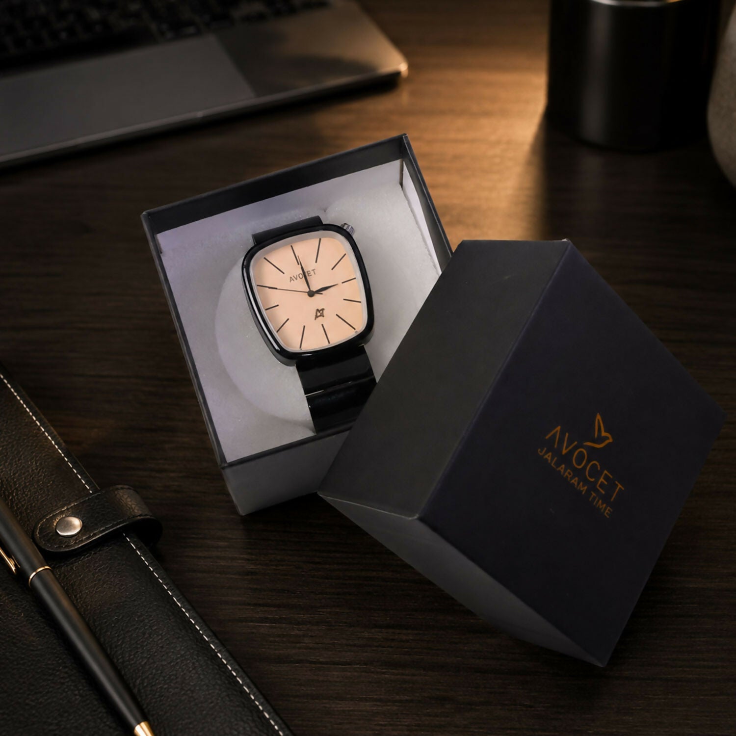 Black Square Analog Watch – Minimalist Champagne Dial for Men