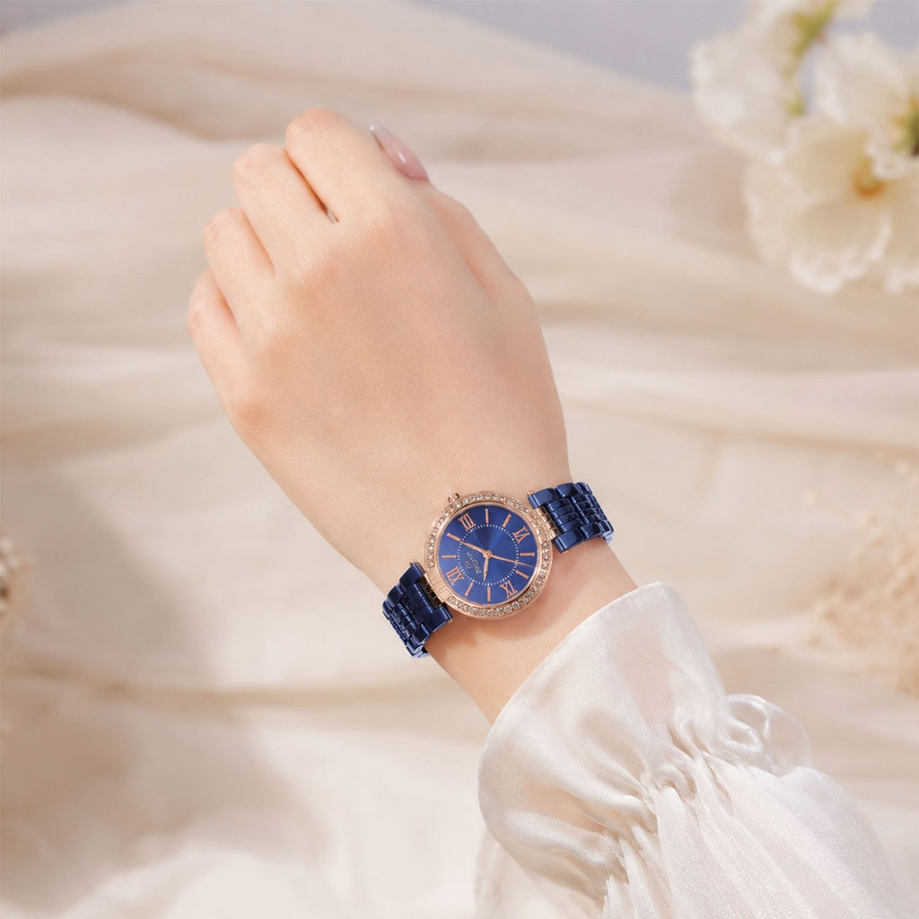 Women's Blue Analog Watch – Rose Gold Crystal Bezel Metal Strap