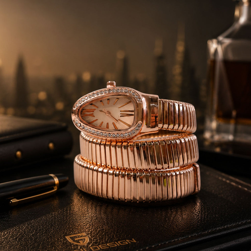 Rose Gold Oval Snake Style Bracelet Watch with Crystal Dial Border Design